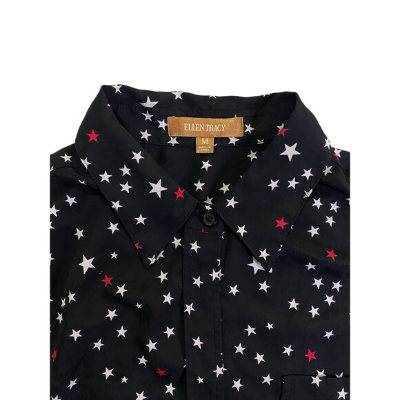Ellen Tracy Shirt Womens Medium Black w/Red White Stars Print Button Up Roll Tab - Picture 2 of 10